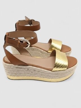 Marc Fisher Jenia Platform Wedge Espadrille Sandals Gold Brown 9.5